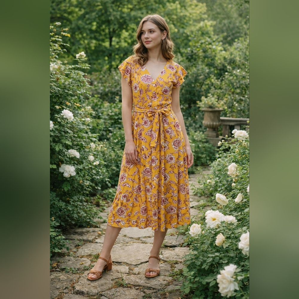 Alex Marie Yellow Floral Maxi with Tie Waist Sundress Boho Modest Cottage 6